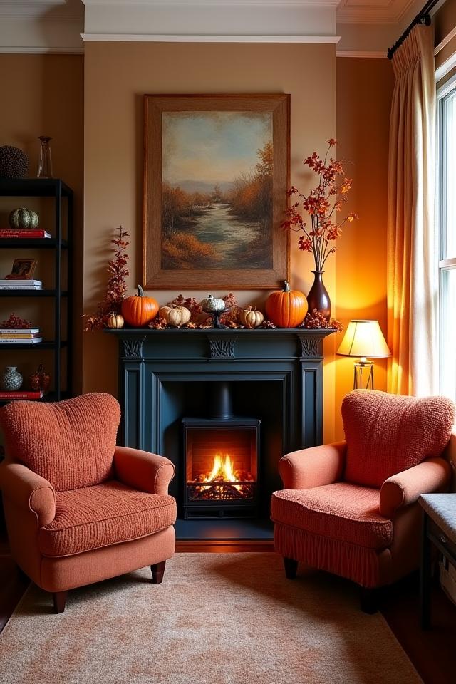Cozy autumn-themed living room in a Chelsea Townhouse with warm throws, seasonal florals, and ambient lighting.