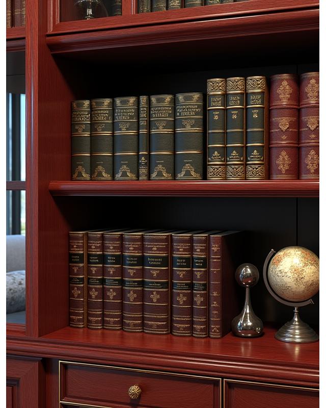 Detailed custom library cabinetry in a rich mahogany, filled with classic books and subtle decor.