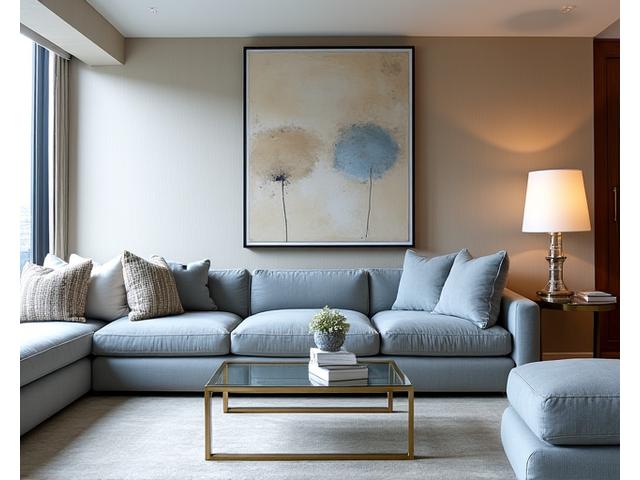 Luxurious living room in a Kensington Penthouse with a bespoke sofa and contemporary art.