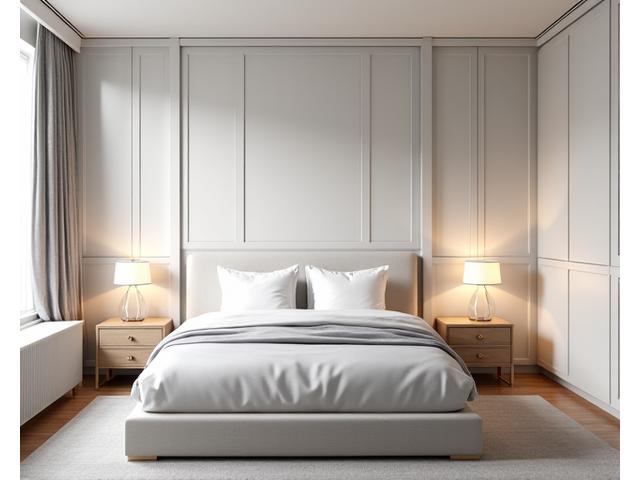 Serene Mayfair bedroom with soft natural light, luxurious bedding, and custom built-in wardrobes.