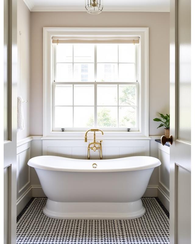 Chic Notting Hill bathroom with classic tiling, freestanding bathtub, and antique brass fixtures.