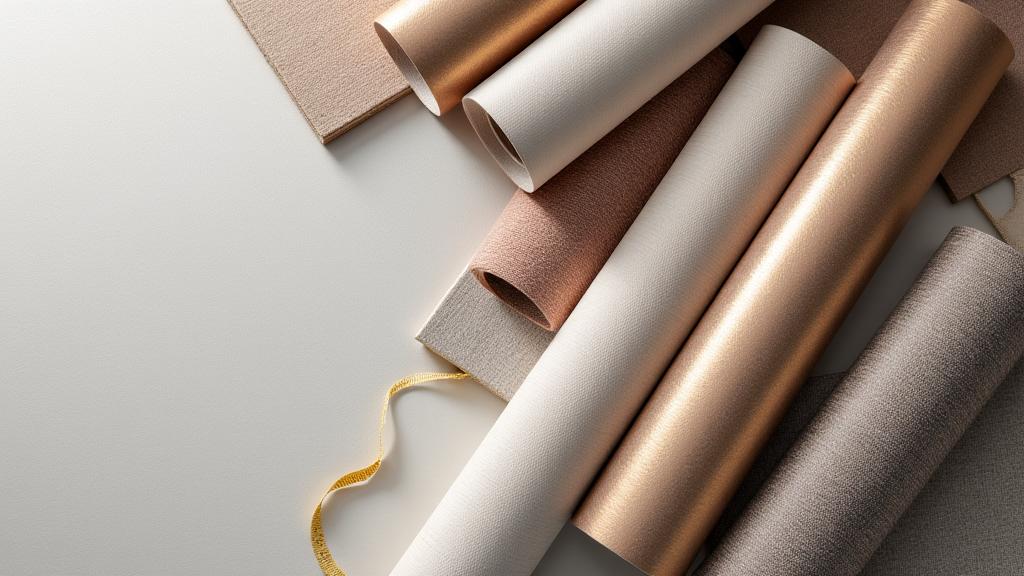 Rolls of luxurious wallpaper and fabric samples laid out with design tools